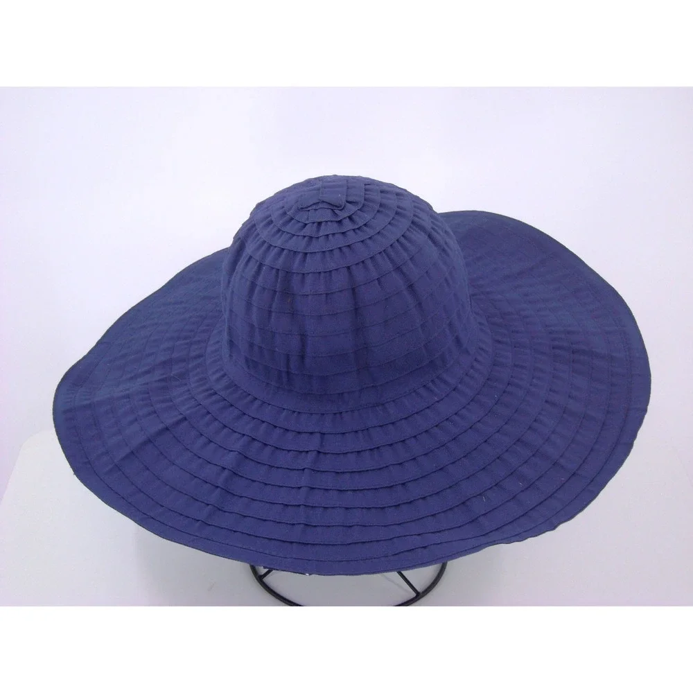 NYC Underground Navy Blue Wide Brim Sun Hat Pleated Tiered Summer Beach Hat OS
